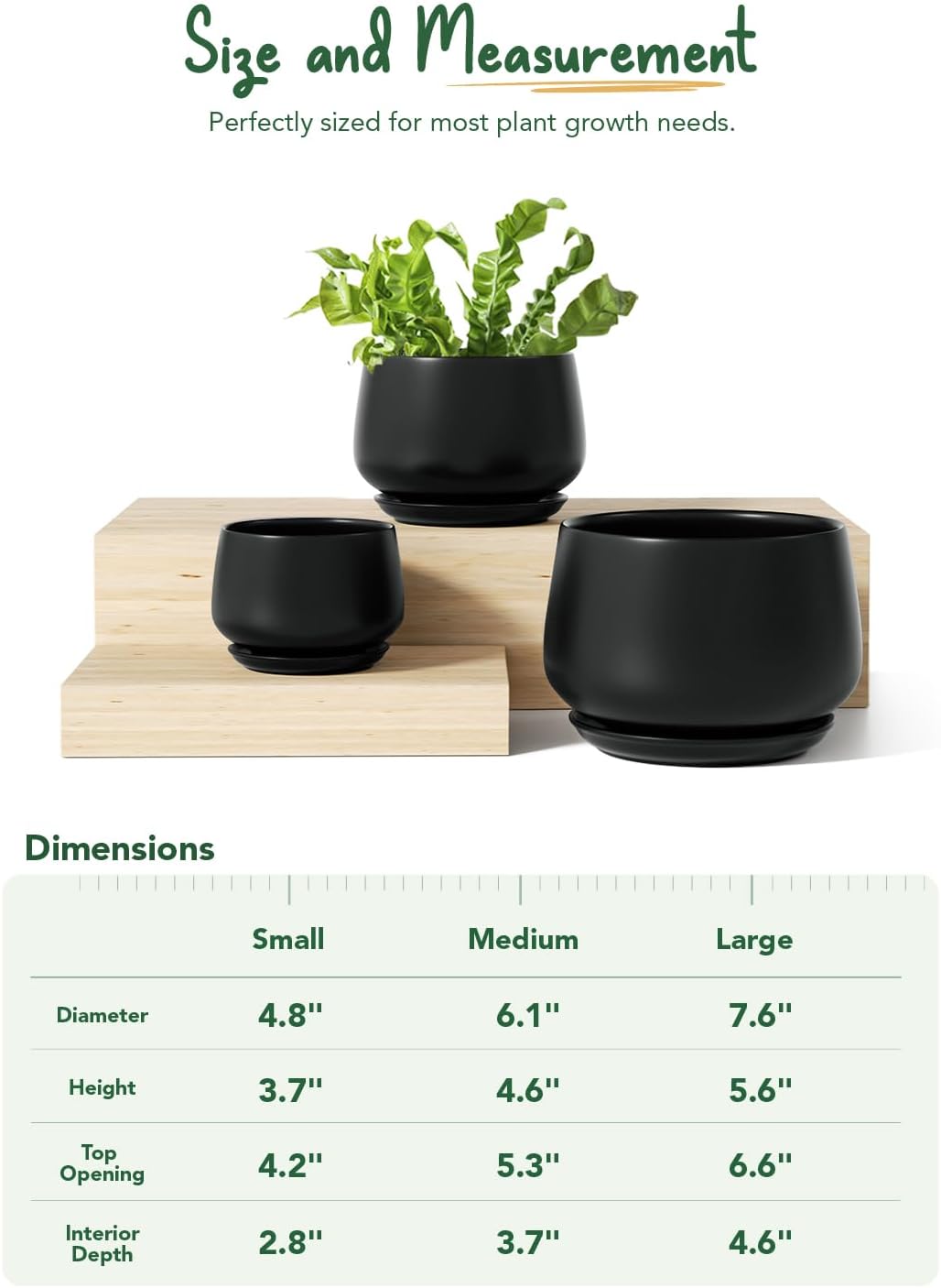 LE TAUCI Plant Pots, 4.1+5.1+6.5 inch, Set of 3, Ceramic Planters with Drainage Hole and Saucer, Indoor Flower Pot with Hole Mesh Pad, Gifts for Mom, Black
