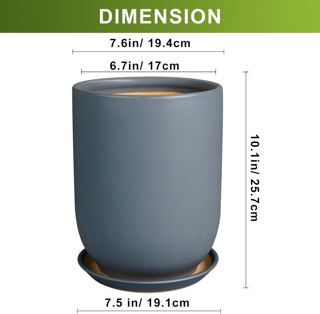 Ceramic Pot for Plants - 8 Inch Plant Pot for Indoor Plants Outdoor Ceramic Planter Large Flower Pot with Drainage Hole and Saucer for Home Garden Decor Gray