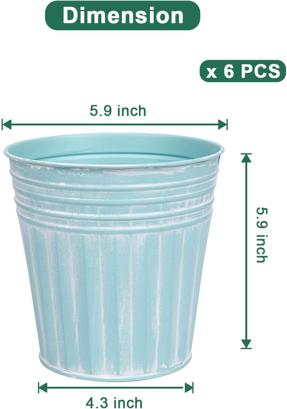 vensovo 6 Inch Cyan Blue Metal Rustic Flower Pots - 6Pcs Galvanized Planters with Drainage Hole and Rubber Plug, Rustproof Metal Bucket Plant Pots Farmhouse Vintage Style for Decor