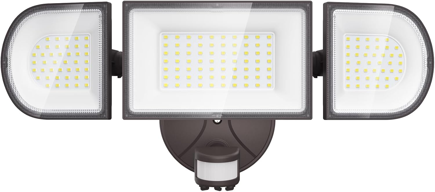 iMaihom 100W Motion Sensor LED Security Light, 9000LM Super Bright Flood Lights Outdoor, 6500K Exterior Floodlight, IP65 Waterproof, 3 Head Adjustable Motion Detector Light for Yard Garage (Brown)