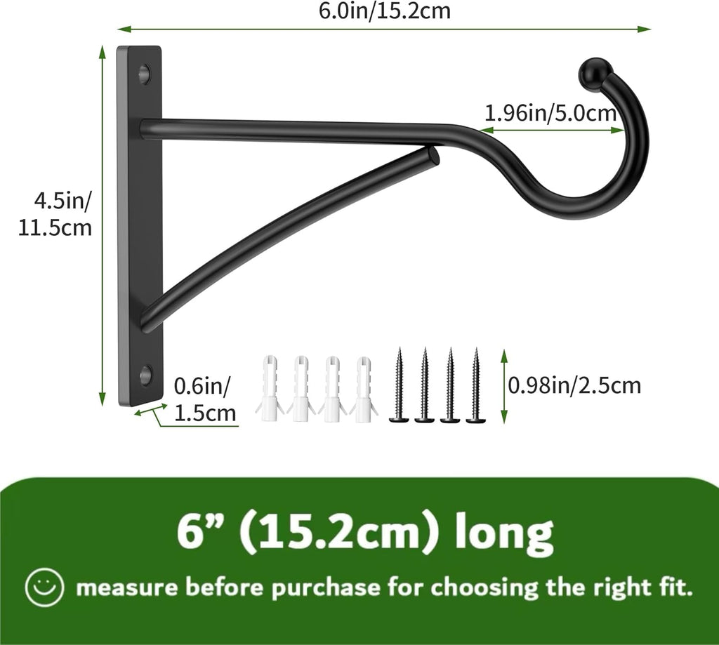 6 Inch 2 Pack Outdoor Plant Hanging Hooks for Wall:Metal Bracket for Hanging Baskets, Bird Feeders, Wind Chimes, Flower Baskets, Yoga Mat, Lanterns, Black