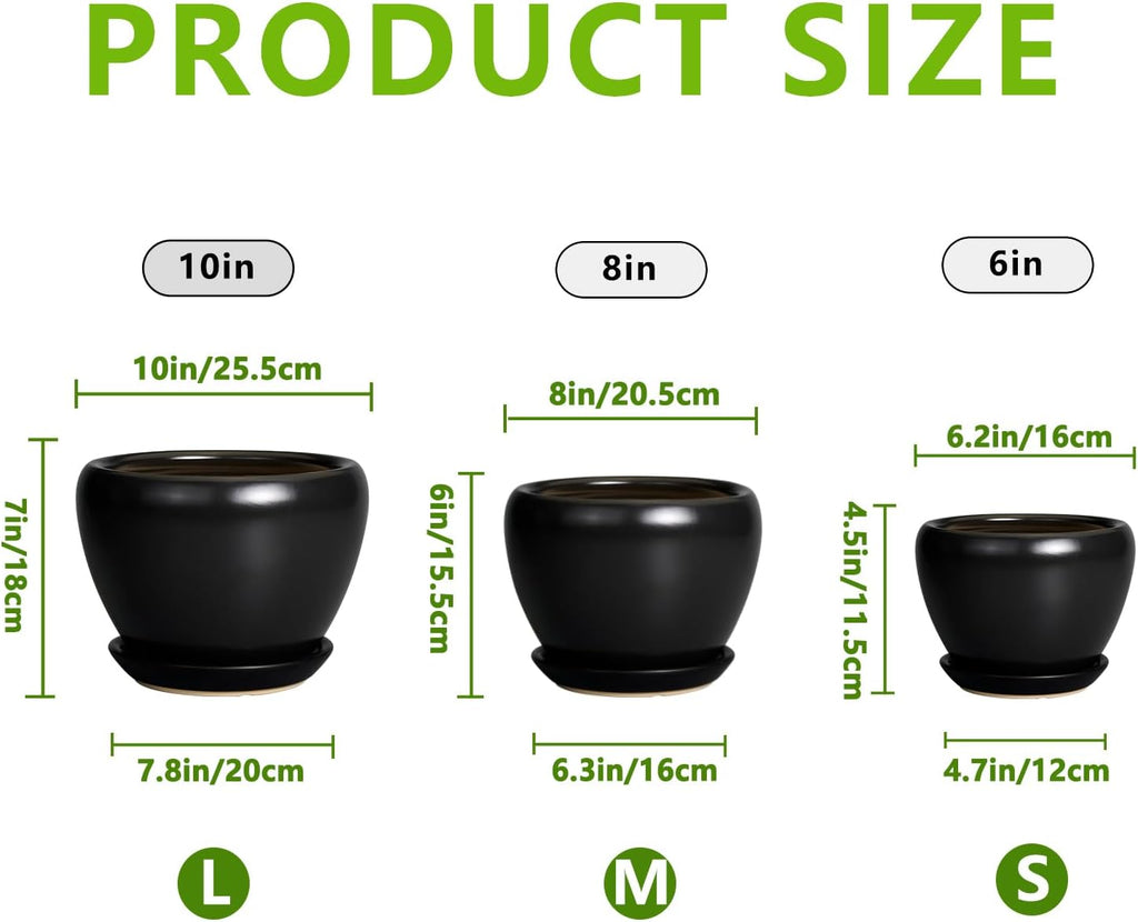 Ceramic Planters Pots - 10 Inch 8 Inch 6 Inch Plant Pots Indoor with Drainage Holes and Saucers Large Planters Mid-Century Flower Pots Outdoor Set of 3 Black