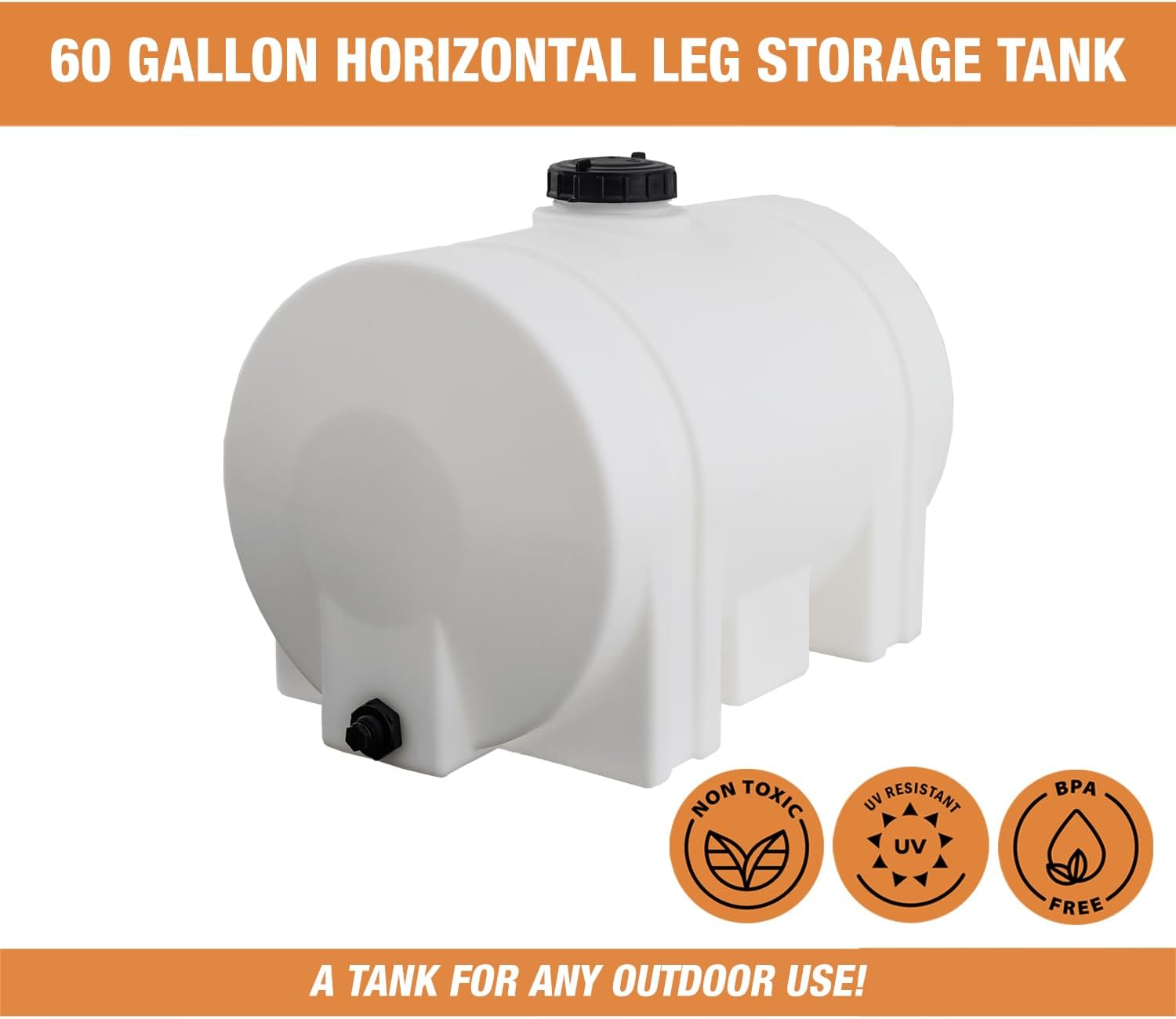RomoTech 82123939 Horizontal Polyethylene Reservoir Water Tank w/Legs, 60 gal, Made In USA, Natural Poly Tank for Non-Flammable Liquids, UV-Resistant, Ideal for Agricultural Use, RV Water Storage