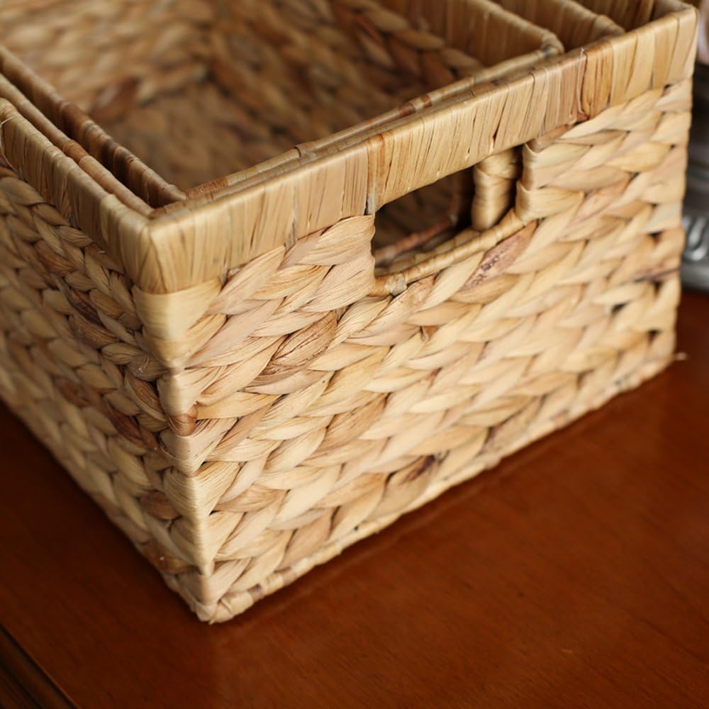 Woven Natural Water hyacinth Rectangular Storage Baskets with inside Handle,Kingwillow(Large)