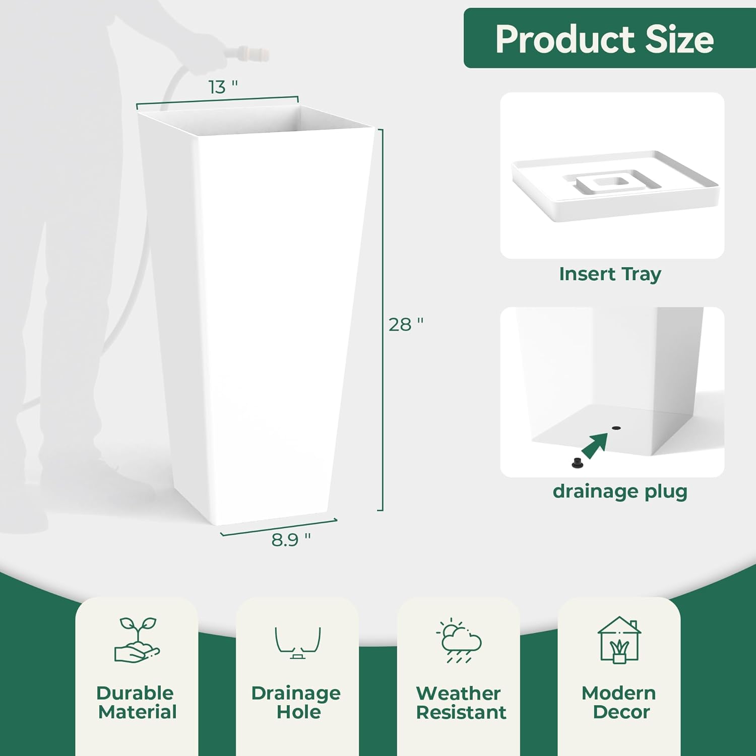 WORTH Garden Large 28 in.Tall Planters Set of 2 for Indoor and Outdoor, Heavy Duty Plastic White Modern Taper Flower Plant Pots with Drainage Hole and Dual-Purpose Tray for Front Porch, Patio