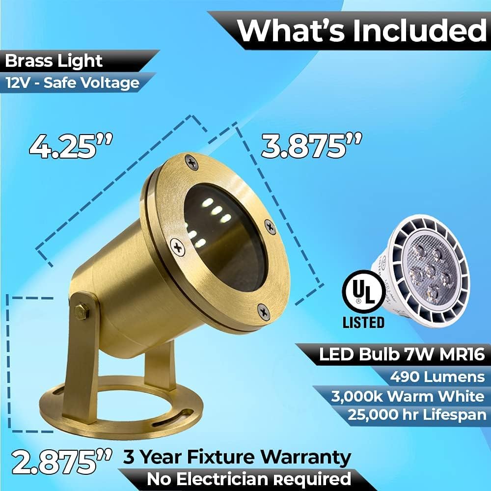 Waterproof Underwater Light 113 (2 Pack) Solid Brass 7W MR16 LED Bulb Pond Submersible Waterfall Pool Fountain Light for Beautiful Bright Long Lasting Home Garden Patio Pool