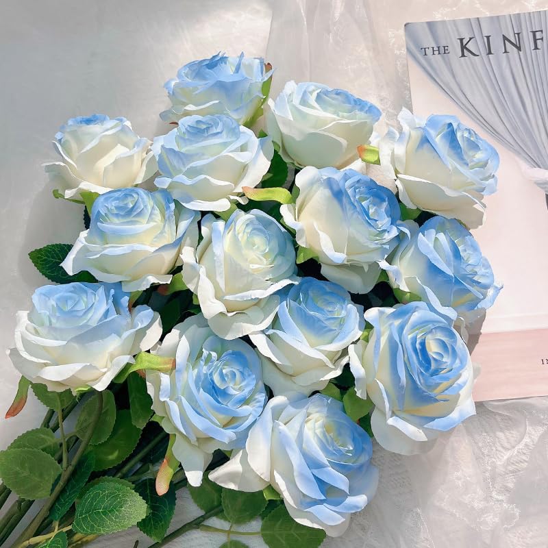 Ice Blue Artificial Roses Fake Flowers Not Bend The Peduncle with Stems for DIY Wedding Bouquets Bridal Shower Centerpieces Arrangements Tables Decorations 12pcs
