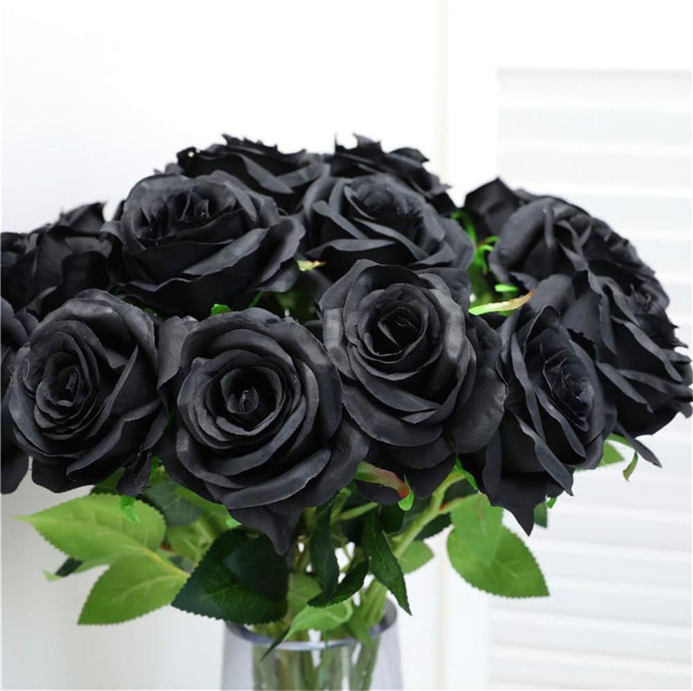 Hawesome 12PCS Artificial Silk Flowers Realistic Roses Bouquet Long Stem for Home Wedding Decoration Party (12PCS-Black)