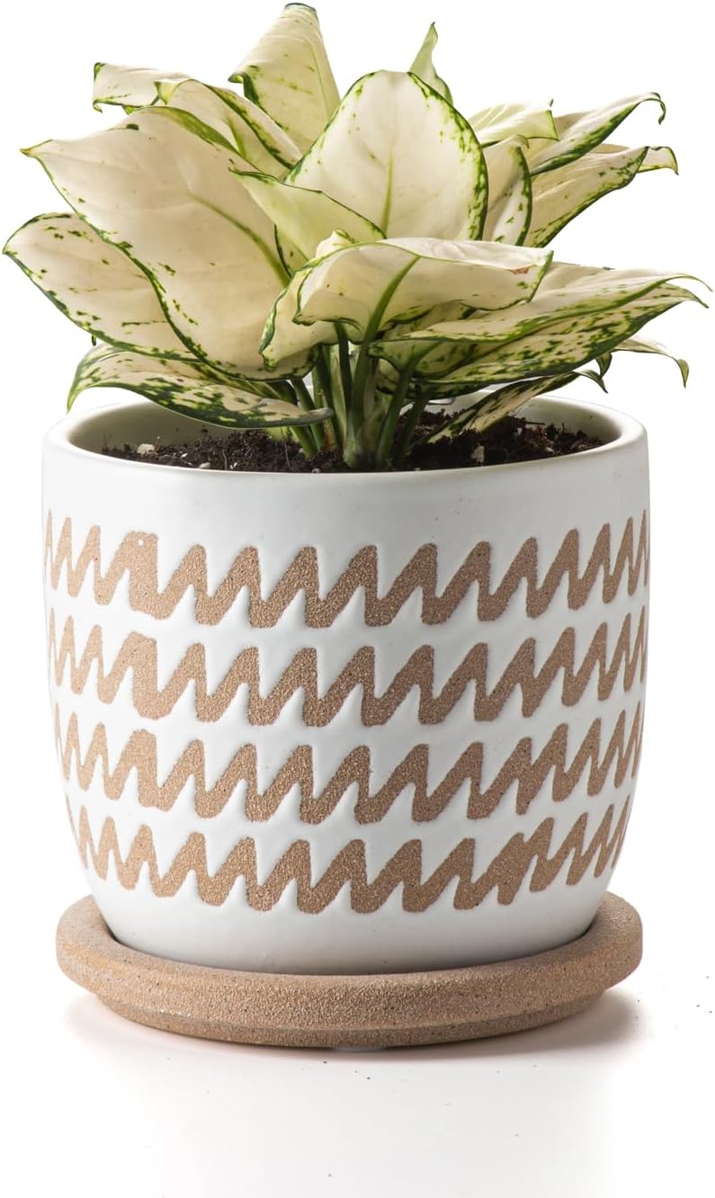 Ceramic Flower Pots Indoor-Outdoor: 5.75 Inch Planters with Drainage Holes & Saucer - Modern Decorative Plant Pots Ceramic for Home Gardeners (Wave)