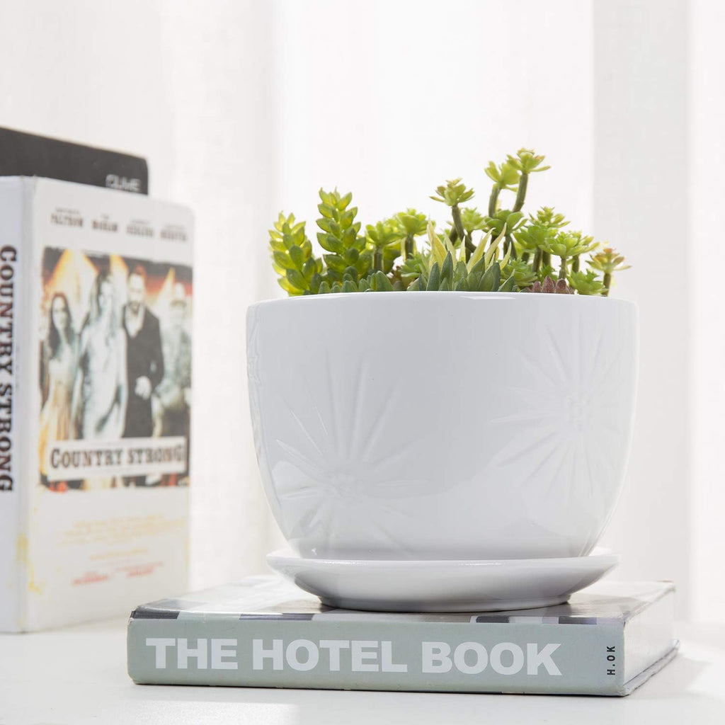 MyGift 7 Inch Round White Ceramic Plant Pot with Drainage Hole and Attached Saucer, Modern Decorative Embossed Sunburst Planter Container for Indoor Home Garden