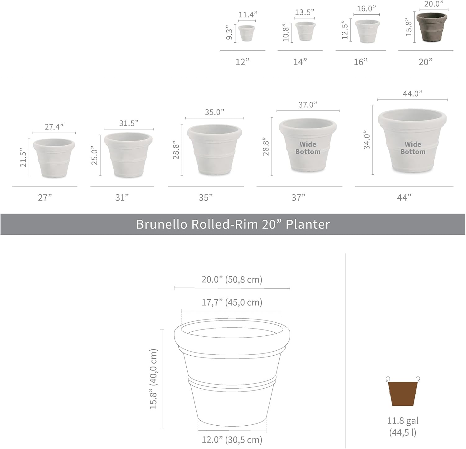 Crescent Garden Brunello Classic Rolled Rim Planter Pot, Indoor/Outdoor Weather-Safe Round Plant Pot, 14'' (Caviar Black)