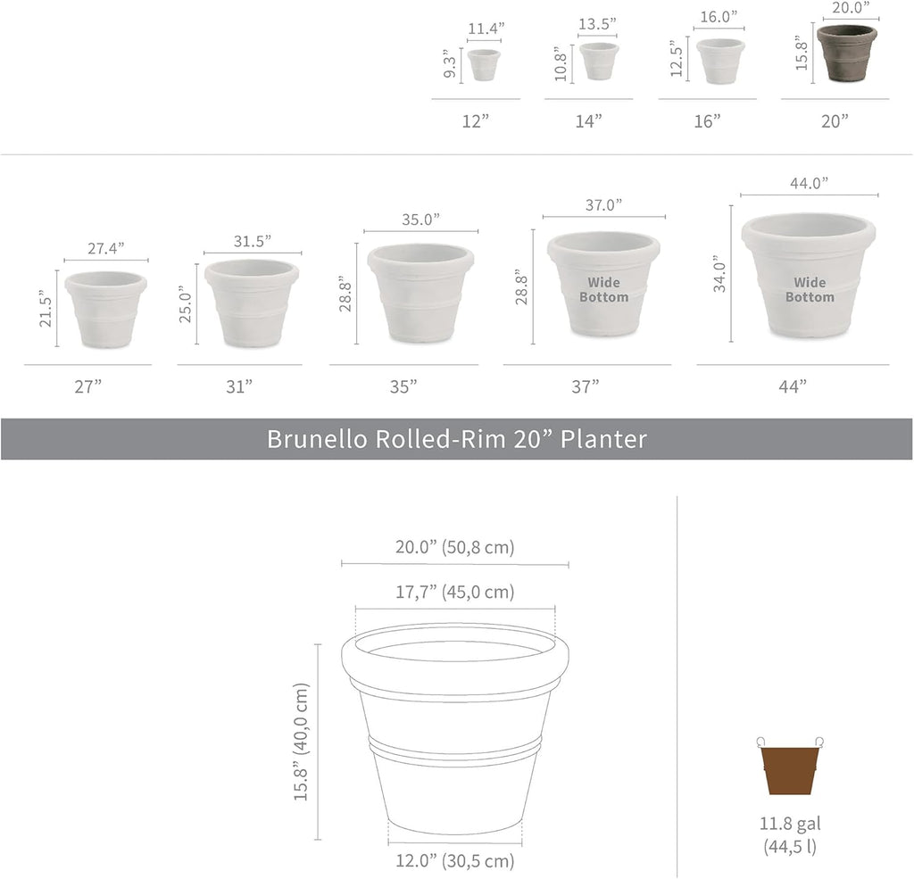 Crescent Garden Brunello Classic Rolled Rim Planter Pot, Indoor/Outdoor Weather-Safe Round Plant Pot, 20'' (Caviar Black)