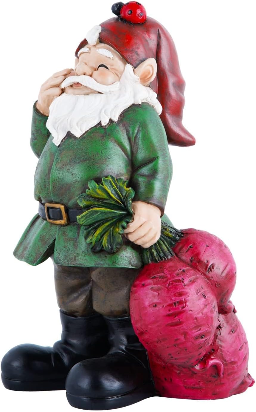 Topadorn Gnomes Figurine Resin Sculpture Garden Gnome Drag a Brunch of Radishes Statue with a Ladybug for Indoor Outdoor Decor, Radish Harvest 10 Inch, Weatherproof Garden Gnome Yard Statue Decor