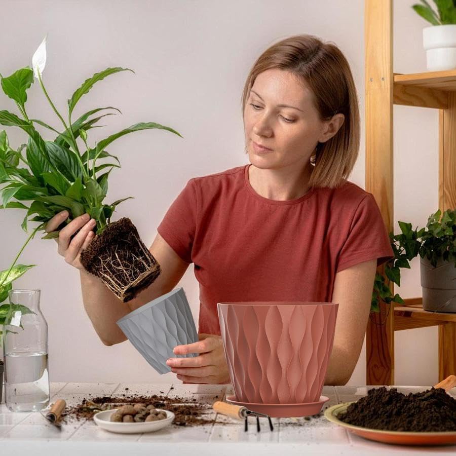 7 Inch Plant Pots 5 Pack, Flower Planters with Drainage Holes and Trays,Plastic Pots for Indoor Outdoor Plants,Multicolor