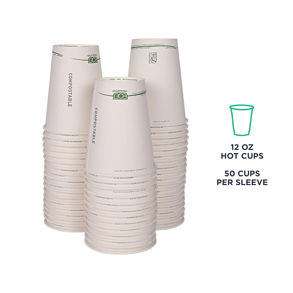 ECO PRODUCTS Compostable Disposable GreenStripe 12oz Coffee Cups, Pack of 50, White Single Wall Hot Paper Cup, Plant Based PLA Lining, Biodegradable