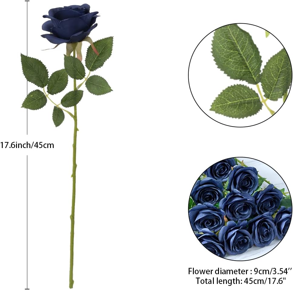 12pcs Roses Artificial Flowers Fake Roses Navy Blue Silk Roses Navy Silk Flowers Rose with Long Stems for Wedding Home Party Centerpieces Decorations