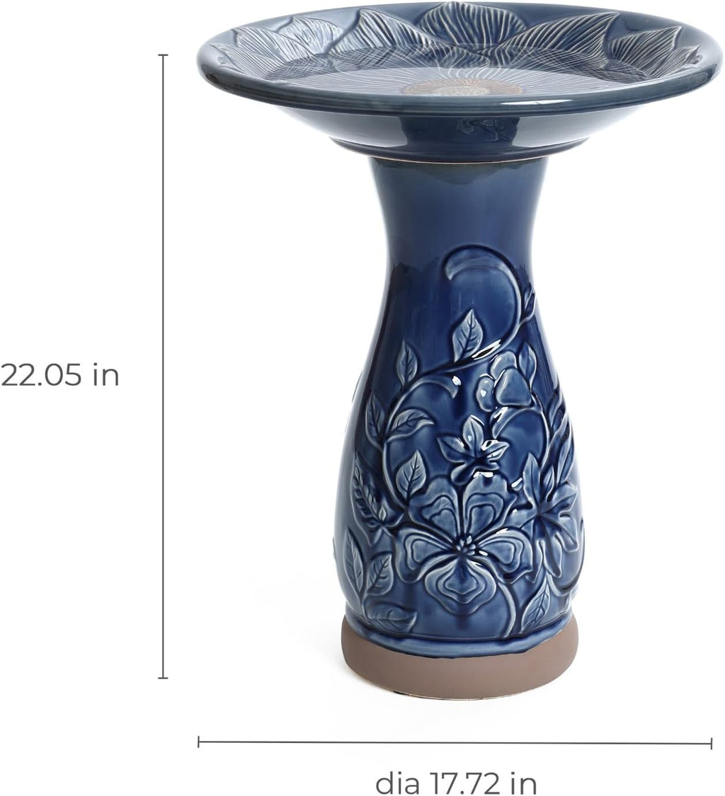 LuxenHome 22 Inch Ceramic Bird Bath for Outside, Elegant Tall Outdoor Bird Bath, Lightweight Pedestal Glazed Birdbaths for Outdoors with Floral Pattern, Deep Blue