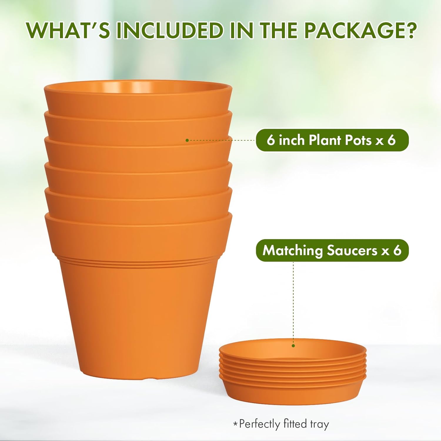 6 Inch Thick Plastic Plant Pots with Drainage Holes and Trays – 6 Pack Nursery Pots for Indoor & Outdoor House Plants, Seedling Starter Planters for Garden Flowers, Terracotta