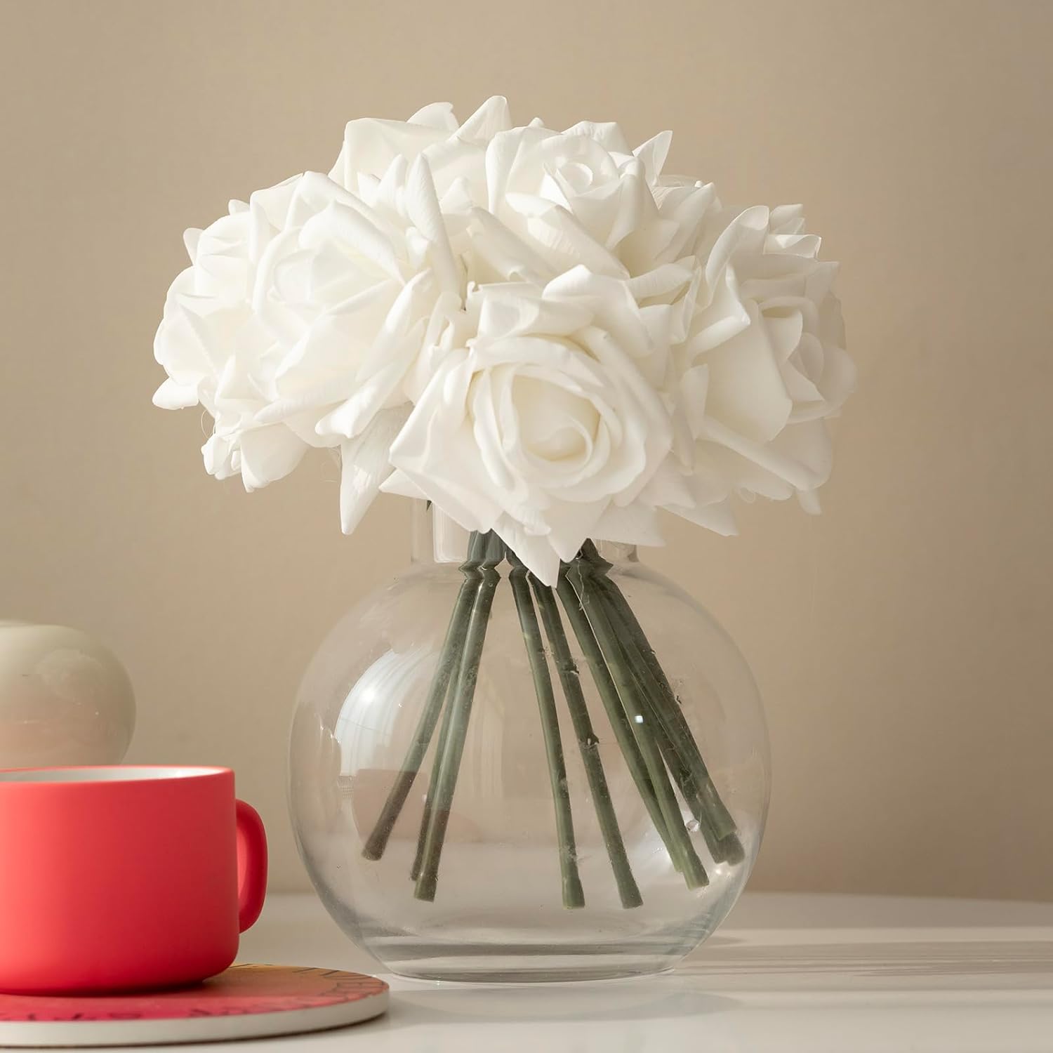 Artificial Roses Single Stem 10pcs Fake Silk Flower Arrangement Bouquet Real Touch for Home Party Wedding Decoration(White)