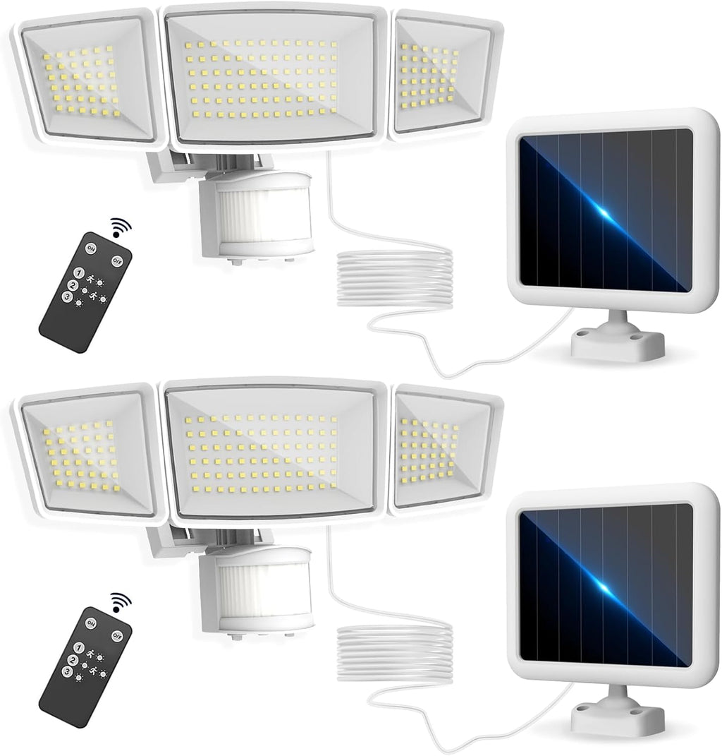 Energetic Solar Outdoor Lights, 1800LM 192 LED Security Motion Sensor Outdoor Lights with Remote Control, IP65 Waterproof Floodlight, 3 Head Motion Detected Spotlight for Garage, Pack of 2 (White)