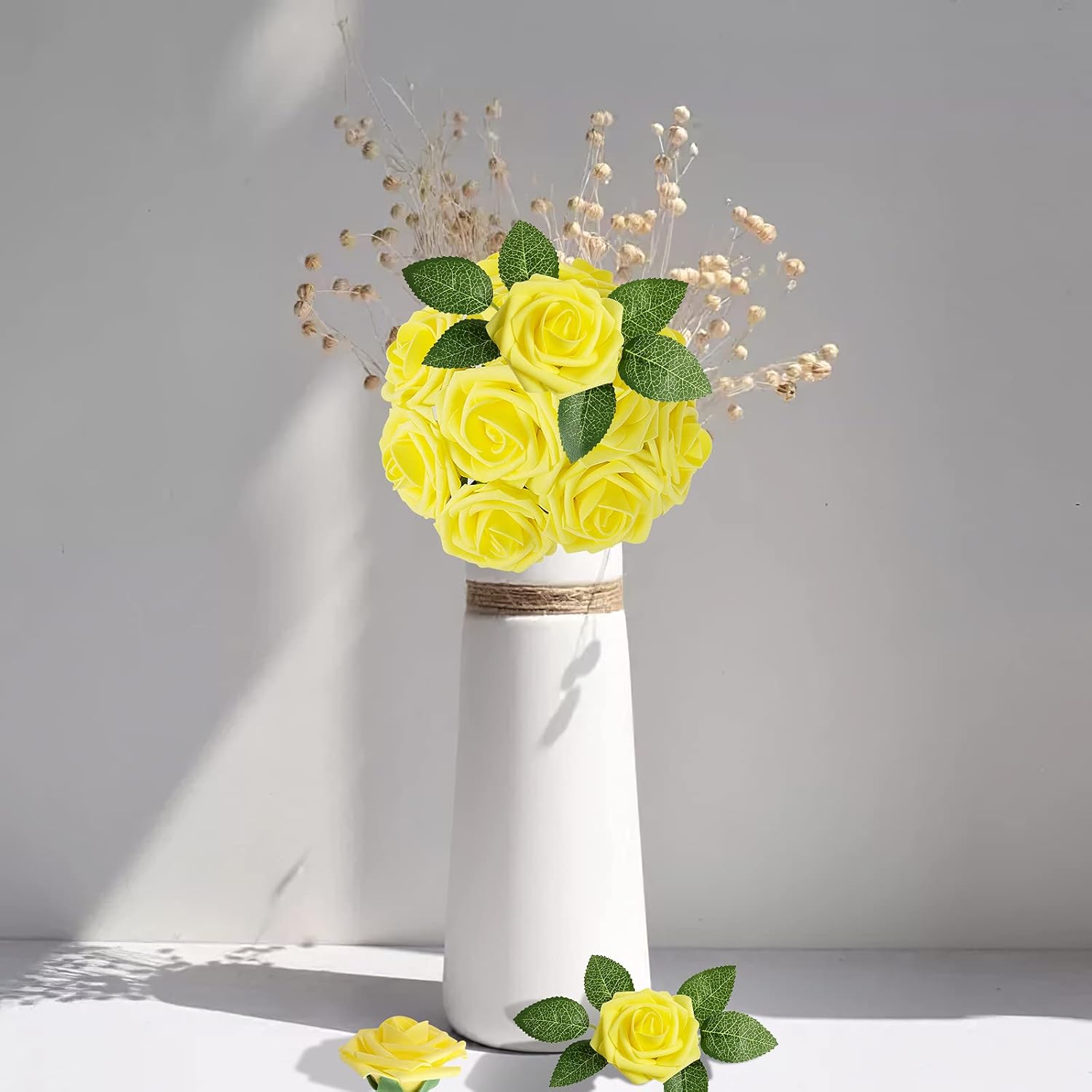 AmyHomie Artificial Flower Yellow Rose 25pcs Real Looking Fake Roses w/Stem for DIY Wedding Bouquets Centerpieces Arrangements Party Baby Shower Home Decorations