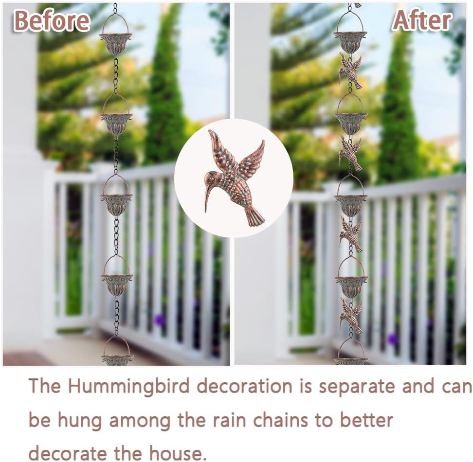 Rain Chain for Gutters, 8.7 Ft Rain Chains with 12 Cups & Detachable Hummingbird Decor, Adjustable Rain Catcher Chain with Bell for Eaves Drainage, Replacement for Downspout