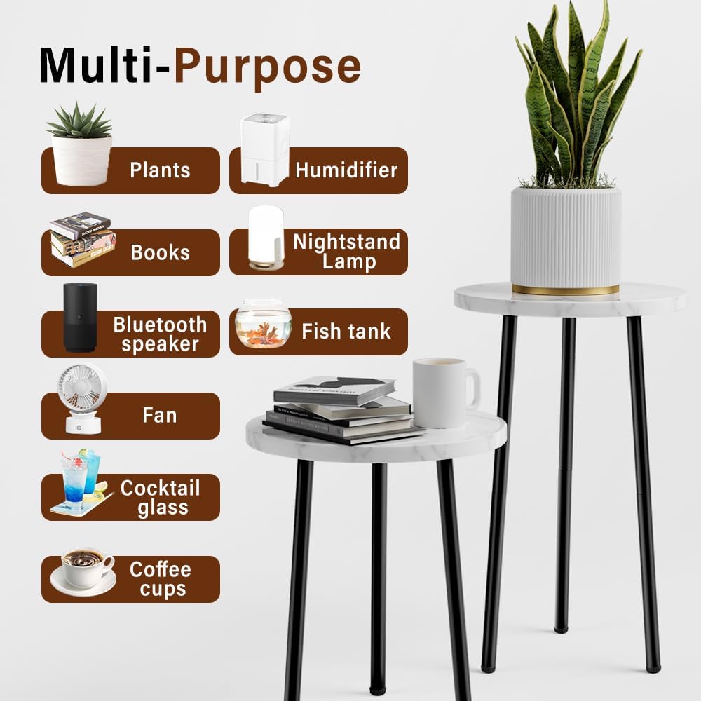 Plant Stand Indoor Tall: Corner Wood Plant Stand 2 Pack Mid Century Modern Decor - Small Round Plant Table for Indoor Plants - Outdoor Plant Holder for Patio Living Room Bathroom Office (White Marble)