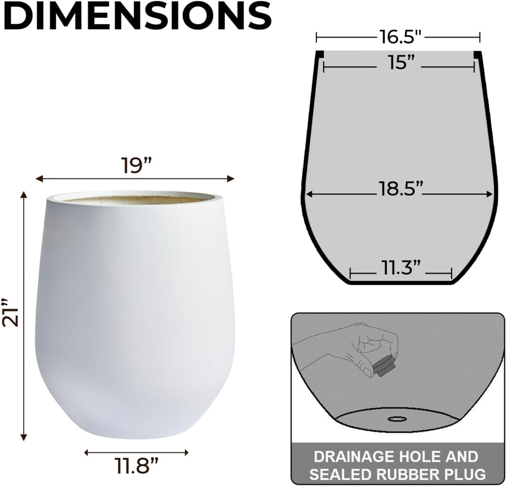 21" H x 19" D Corso Fiberstone Round Tapered Planter with Drainage Hole, Smooth Finishes, for Indoor and Outdoor Use, Included 2 Extra Coco Mats (White, 15" Pot Opening)