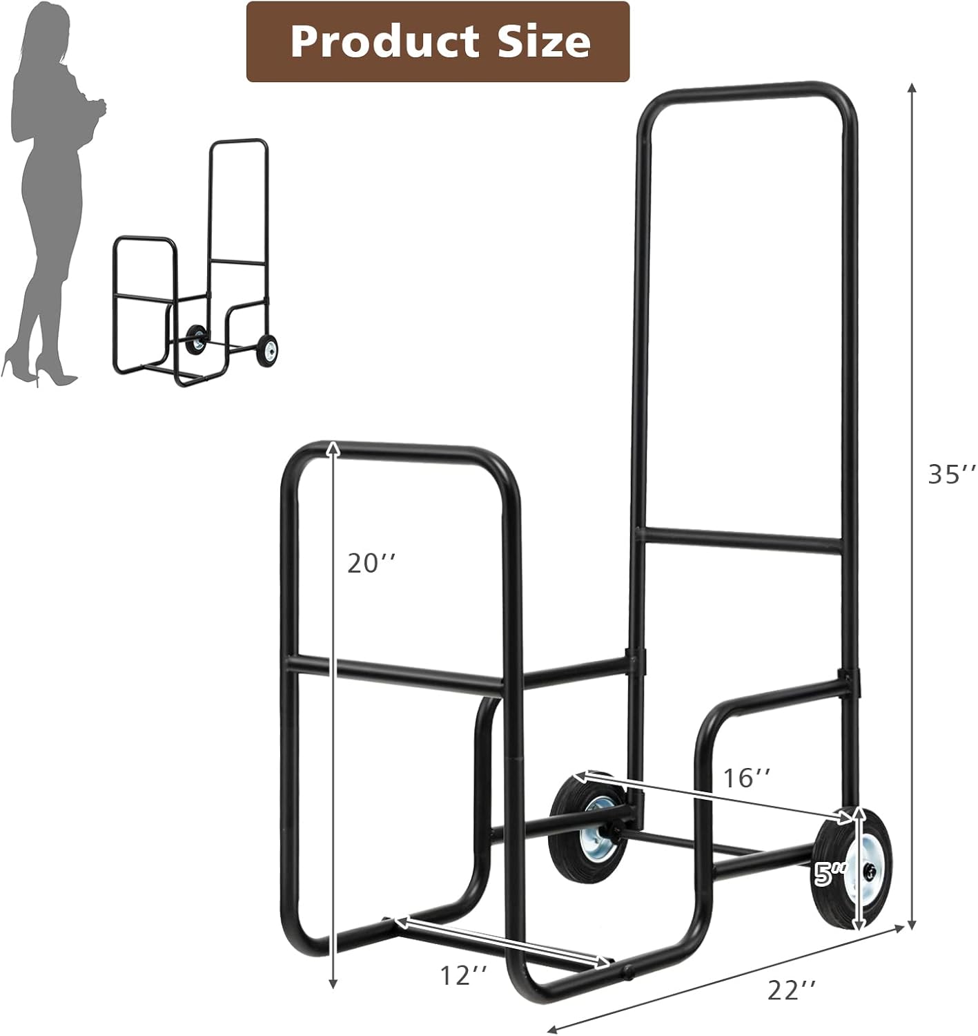 S AFSTAR Firewood Log Cart Carrier, 35” Height Wood Rack Storage Mover w/2 Rubber Wheels & Ergonomic Handle, Heavy-Duty Steel Fireplace Log Carrier Mover, Rolling Firewood Cart for Indoor Outdoor