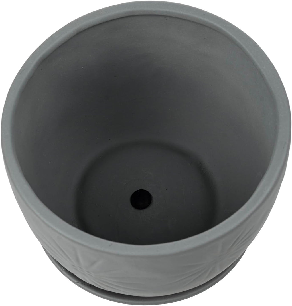 MyGift 7 Inch Grey Ceramic Plant Pot with Drainage Hole and Attached Saucer, Modern Decorative Embossed Sunburst Planter Container for Indoor Home Garden