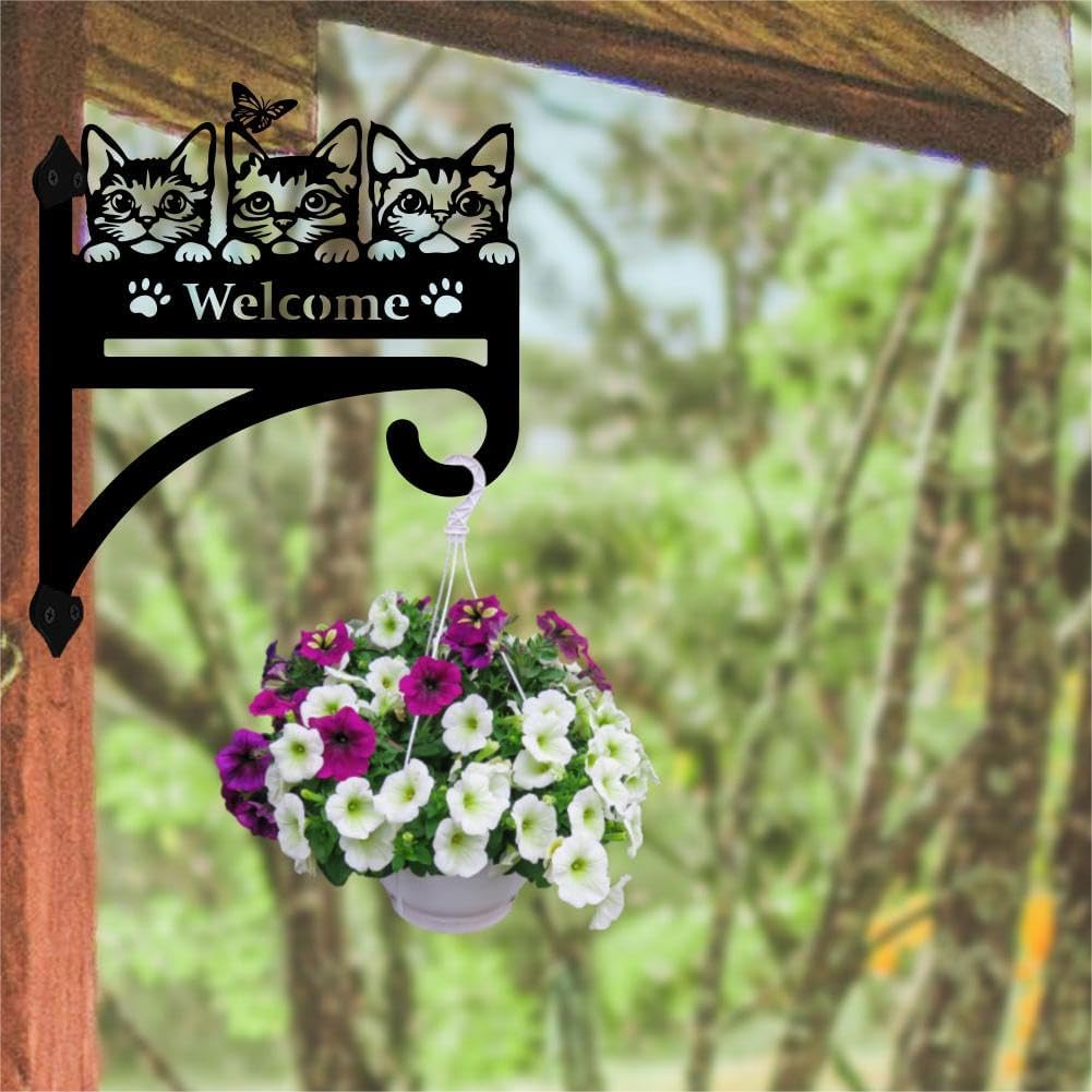 peacoblue Iron Plant Hangers Hooks Cat with Welcome for Outdoor Indoor Hanging Plants Flower Fern Pots Lantern Bird Feeder, 12"x15" Weather Resistant Metal Wall Holder for Porch Garden Farmhouse