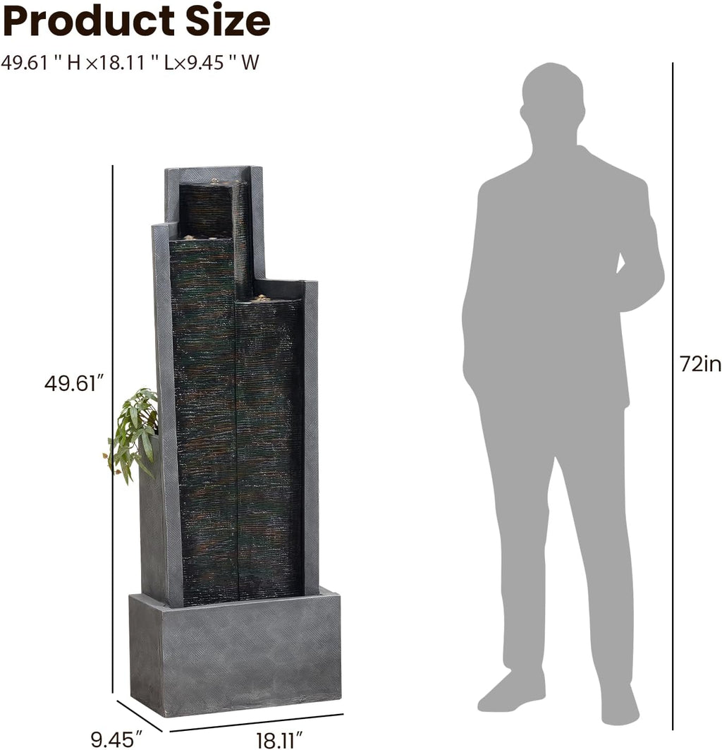 49.6" H Garden Fountains Outdoor Modern Cascading Indoor Water Fountain Tall Floor - Standing Fountain with Lights for Garden, Patio, Yard, Deck and Home Art Decor