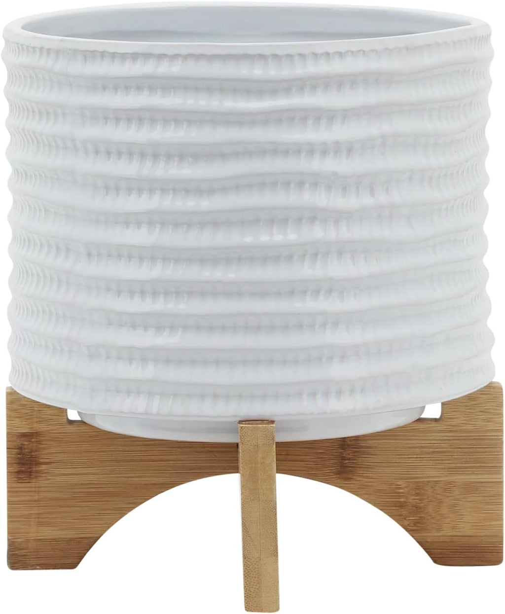 Ceramic Planter with Bamboo Stand – Modern Home Decor Indoor Plant Pot with Textured Stoneware Design – Decorative Planter with Legs for Living Room, Bedroom, Office, Patio, or Garden - 8", White