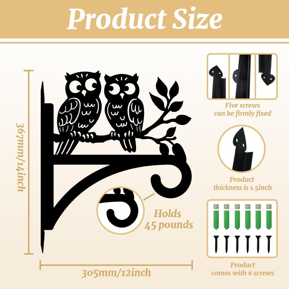 peacoblue Iron Plant Hangers Hooks for Outdoor Indoor Hanging Plants Flower Fern Pots Lantern Bird Feeder Wind Chimes, 12"x14" Owl Weather Resistant Metal Wall Holder for Porch Garden Farmhouse(Owl)