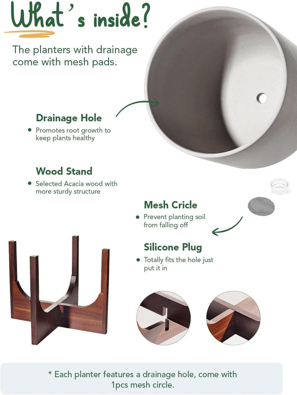 LE TAUCI 10 Inch Planter with Acacia Wood Stand, Ceramic Planters for Indoor Plants, Unique Plant Pots Indoor for Home Decor, Cylinder Pots for Plants with Drainage Hole and Plug, Neutral Gray