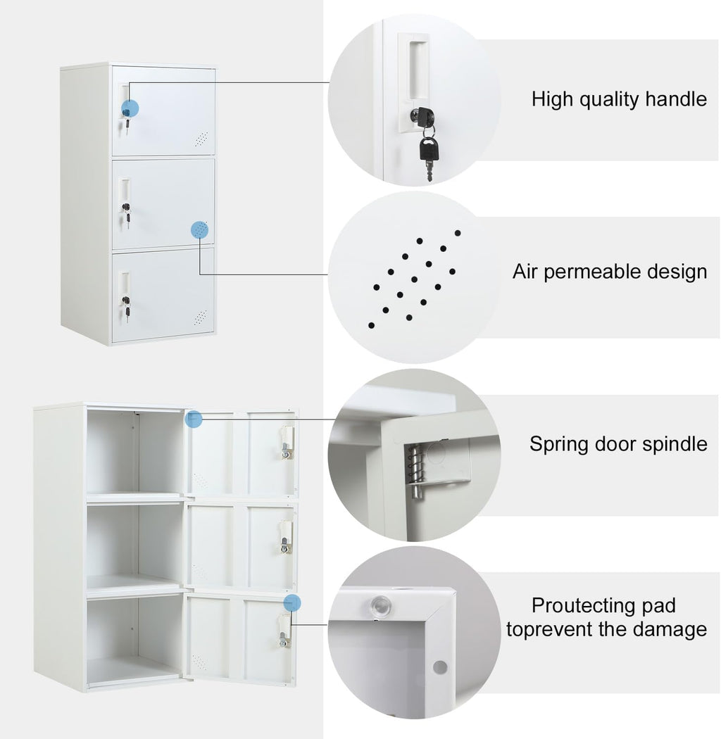3 Door Metal Vertical Storage Locker for School, Office, Home,Gym,Stackable Steel Storage Cabinet with Lock,Anti-Falling Device. (3 Door, White)