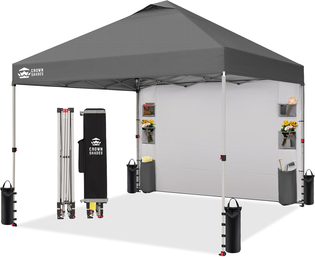 CROWN SHADES Canopy Tent 10x10 Pop Up Canopy Outdoor Shade with Pockets Sidewall, Easy Up Sun Shelter with One Person Set Up Center Lock, Portable Instant Camping Beach Canopies Tents, Grid Grey