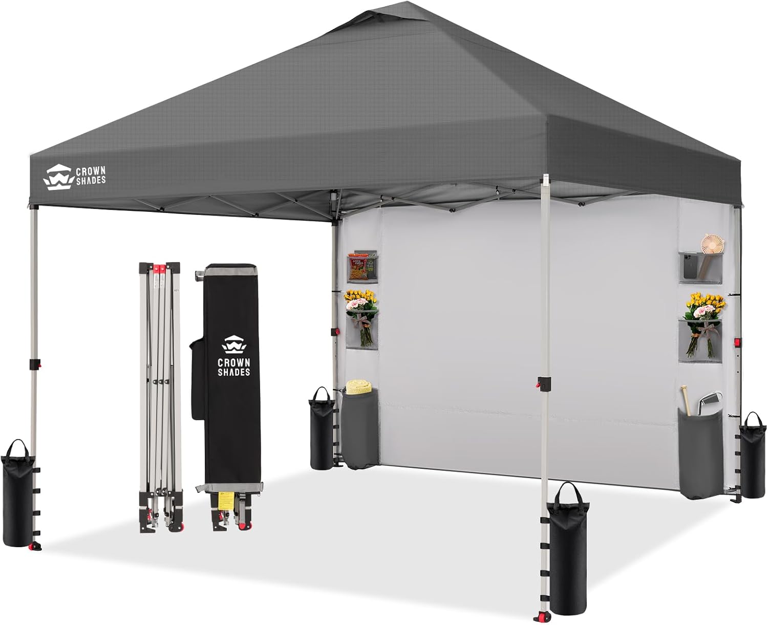 CROWN SHADES Canopy Tent 10x10 Pop Up Canopy Outdoor Shade with Pockets Sidewall, Easy Up Sun Shelter with One Person Set Up Center Lock, Portable Instant Camping Beach Canopies Tents, Grid Grey