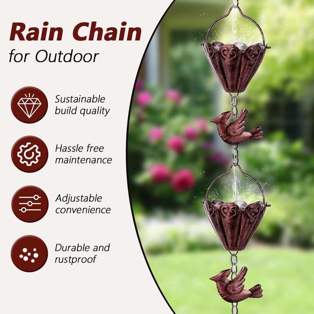 9.3 FT Rain Chain, Metal Rain Gutter Chains with 12 Cups & Detachable Hummingbird Decor, Adjustable Rain Catcher Chain with Bell for Outdoor Decor, Replacement for Downspout