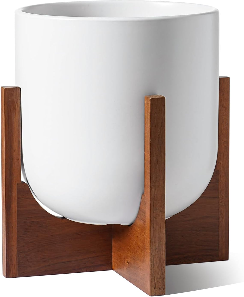 LE TAUCI 10 Inch Plant Pot with Acacia Wood Stand, Ceramic Planters for Indoor Plants, Unique Plant Pots Indoor for Home Decor, Mid-Century Modern Pots for Plants with Drainage Hole and Plug, White