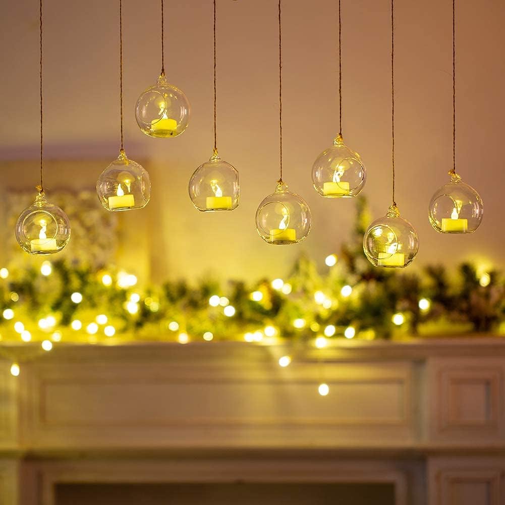 Sziqiqi Hanging Glass Globes Orbs Tea Light Candle Holders with Flameless LED Tealight for Wedding Ornaments Wedding Birthday Christmas Party Centerpiece Accessory 3.15in 100pcs