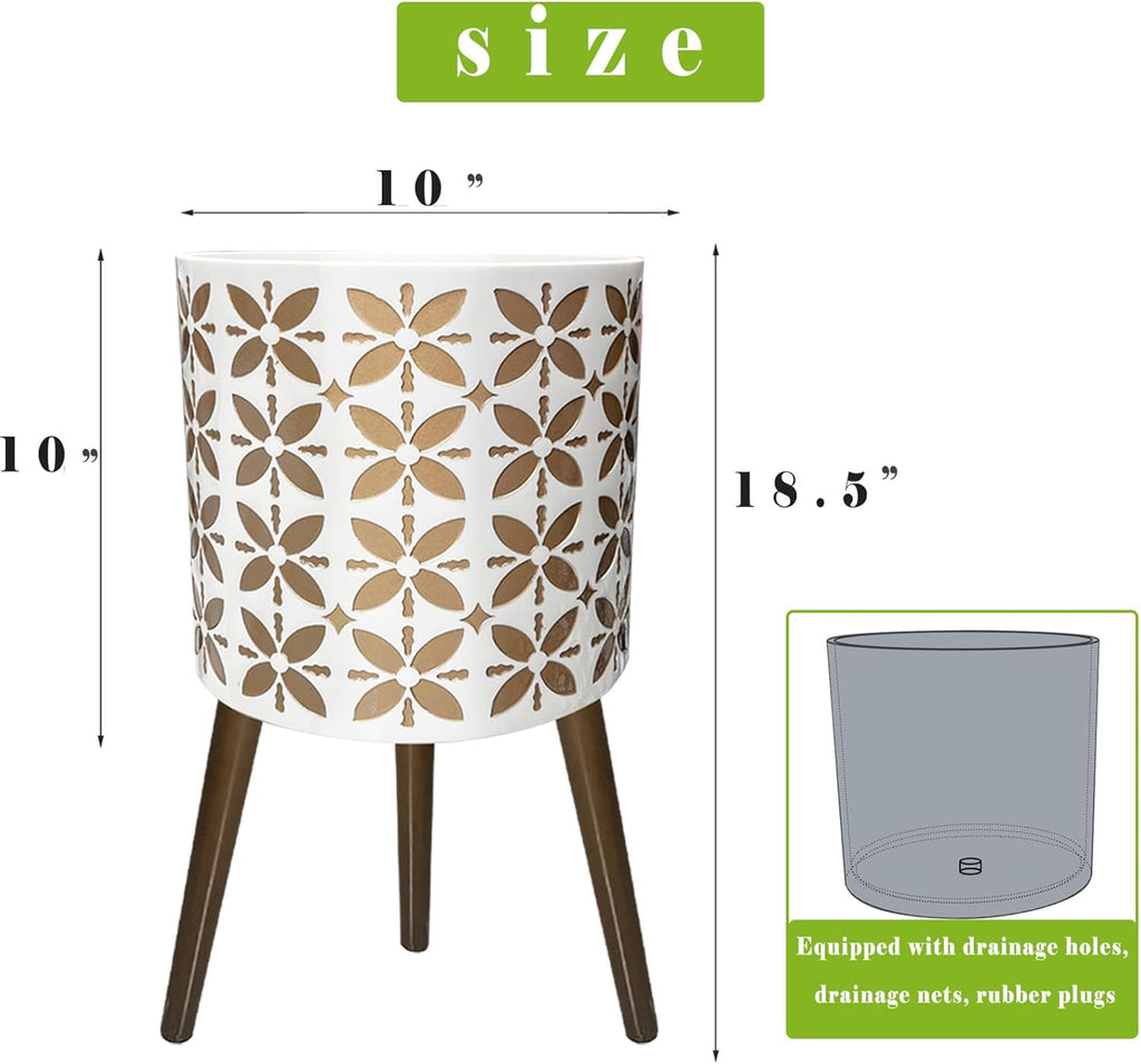 10 Inch Planter with Stand, Modern Plants Pot for Indoor Plants with Legs, Large Planter Pot with Drainage Holes for Outdoor,White/Gold