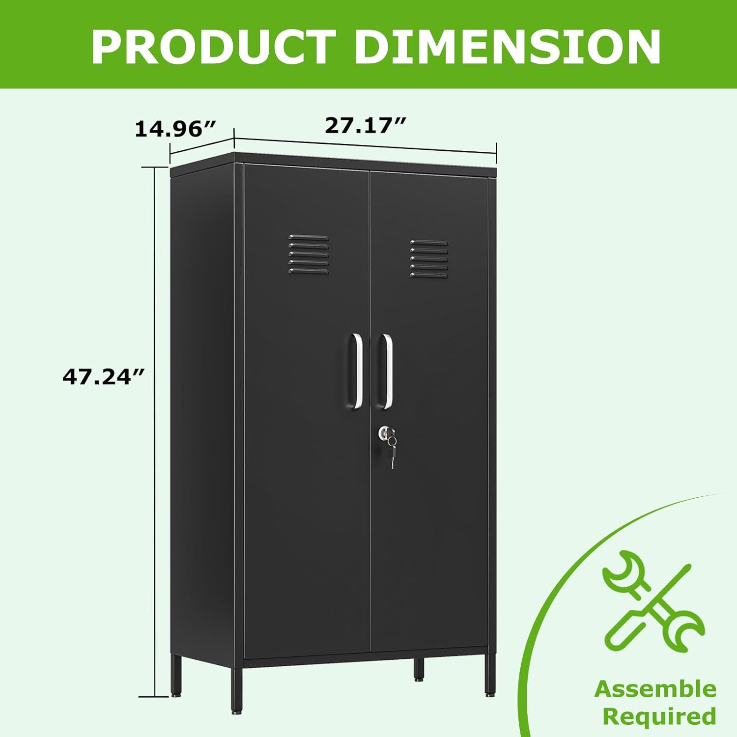 47" Metal Storage Locker, Lockable Employees Metal Locker with 2 Door and Adjustable Shelves, Steel Locker for Home, School, Office, Gym (Black)