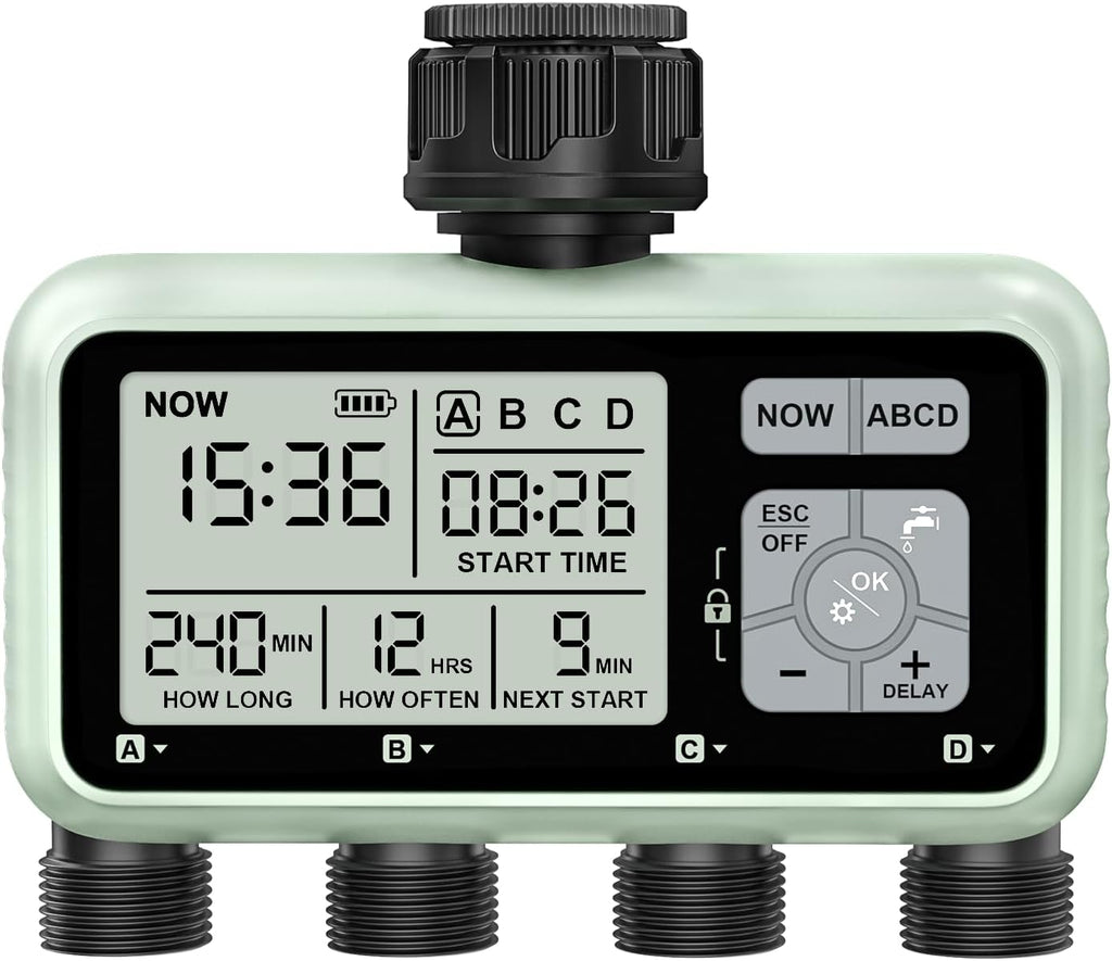 Watering Timer 4 Zone, Sprinkler Timer,Programmable Garden Outdoor Hose Faucet Timer with Rain Delay/Manual/Automatic Watering System,Water Hose Irrigation Timers 4 Outlet for Garden