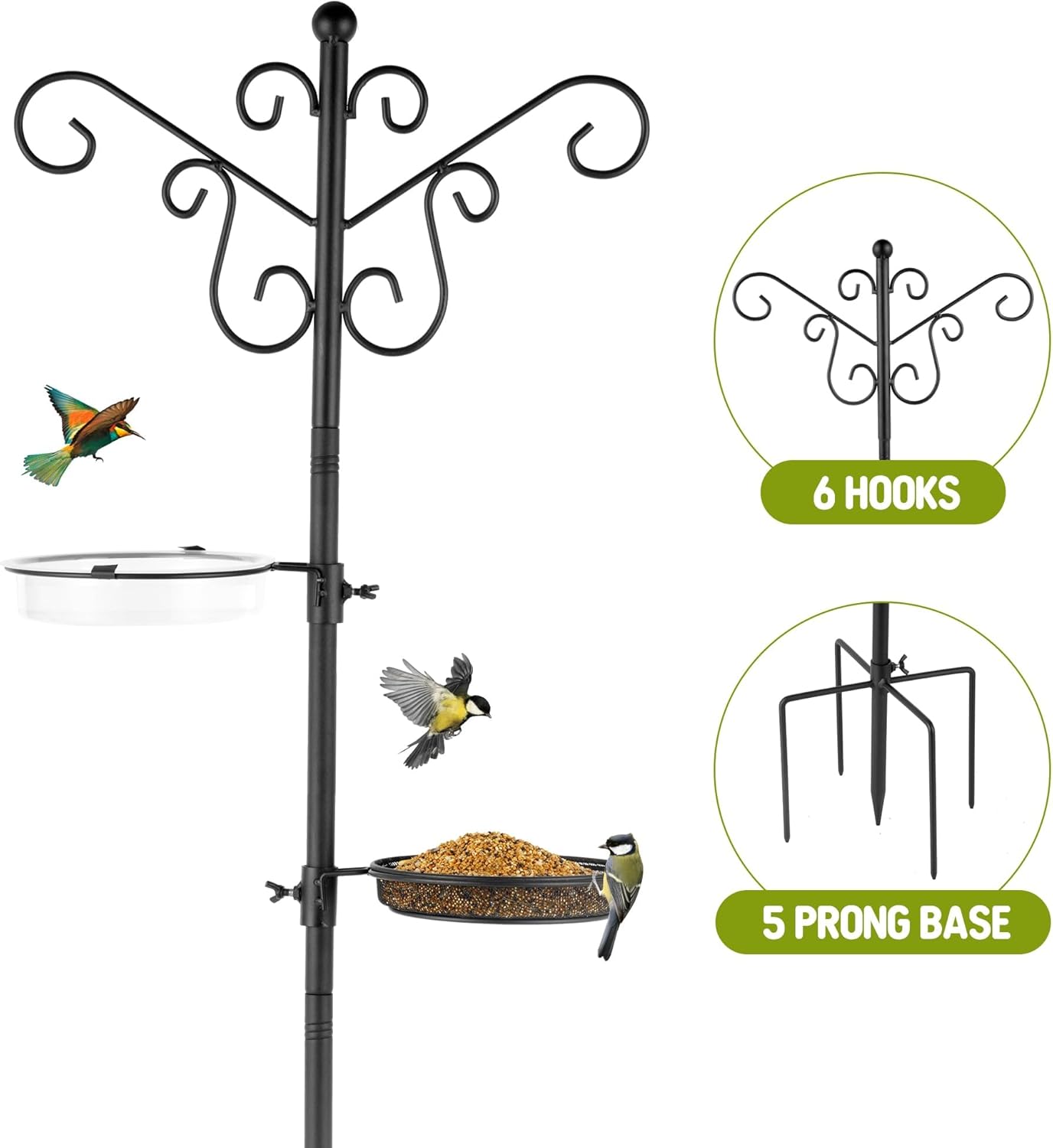 MIXXIDEA Bird Feeding Station Bird Feeder Pole with 5-Prong Base Hanging Hooks Water Bath Mesh Tray Wind-Resistant Water Bowl with Metal Snap Fastening for Outdoors to Attract Wild Birds