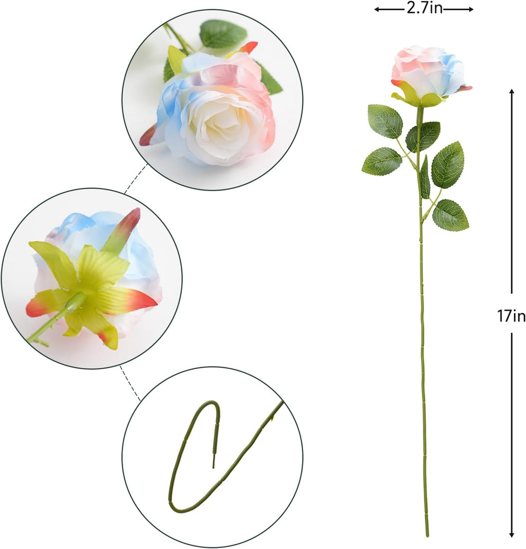 Pink Blue Mix Artificial Roses Fake Flowers Not Bend The Peduncle with Stems for DIY Wedding Bouquets Bridal Shower Centerpieces Arrangements Tables Decorations 24pcs