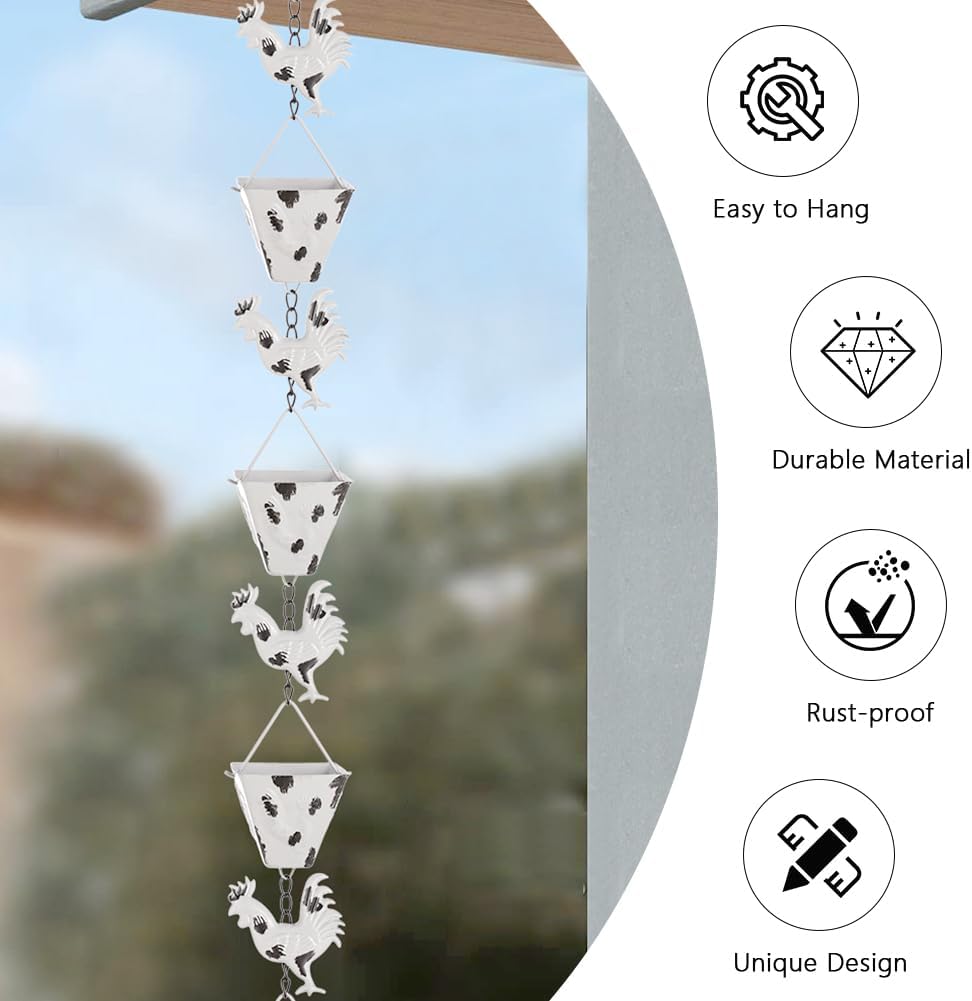 7.8FT Rain Chain for Outside, Rain Chain with 10 Rooster Cups Adjustable Rain Chains for Gutters, Eaves, Drainage, Replacement for Downpout