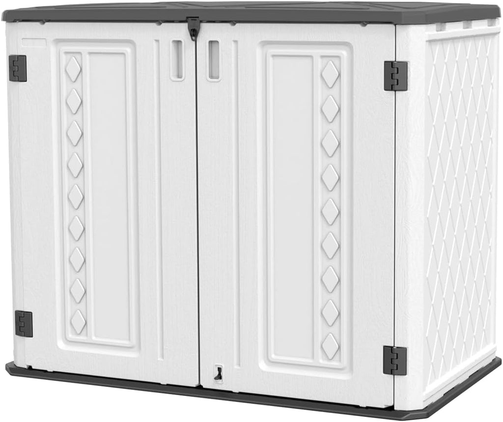 KINYING Outdoor Storage Shed-Horizontal Storage Cabinet Waterproof for Garden, Patios, Backyards, 35 Cu.ft Resin Tool Shed for Garbage Cans, Small Tools, Lawn Mower,Off-White Color