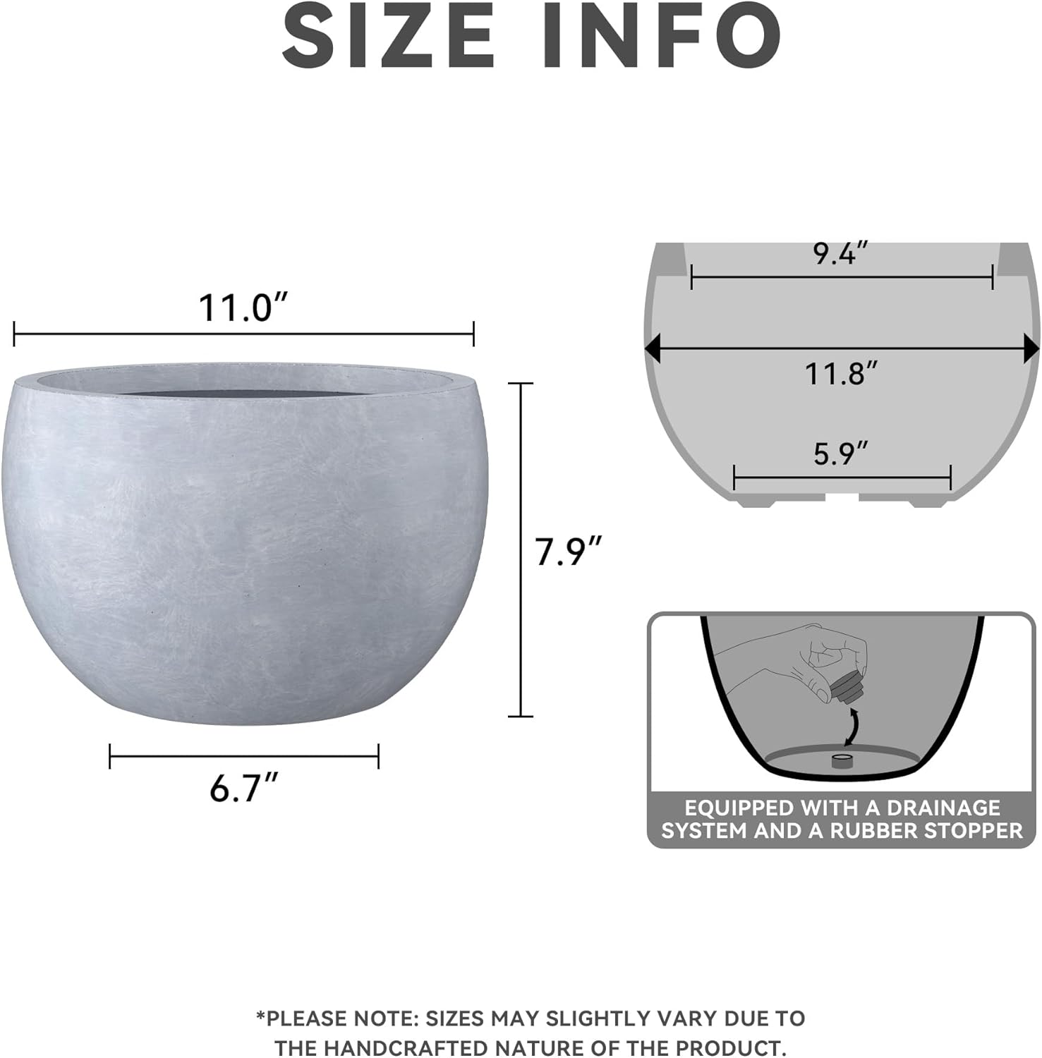 Kante 11.8" Dia Round Concrete Planter, Outdoor/Indoor Large Bowl Plant Pots with Drainage Hole and Rubber Plug for Garden Patio Balcony Home, Gray