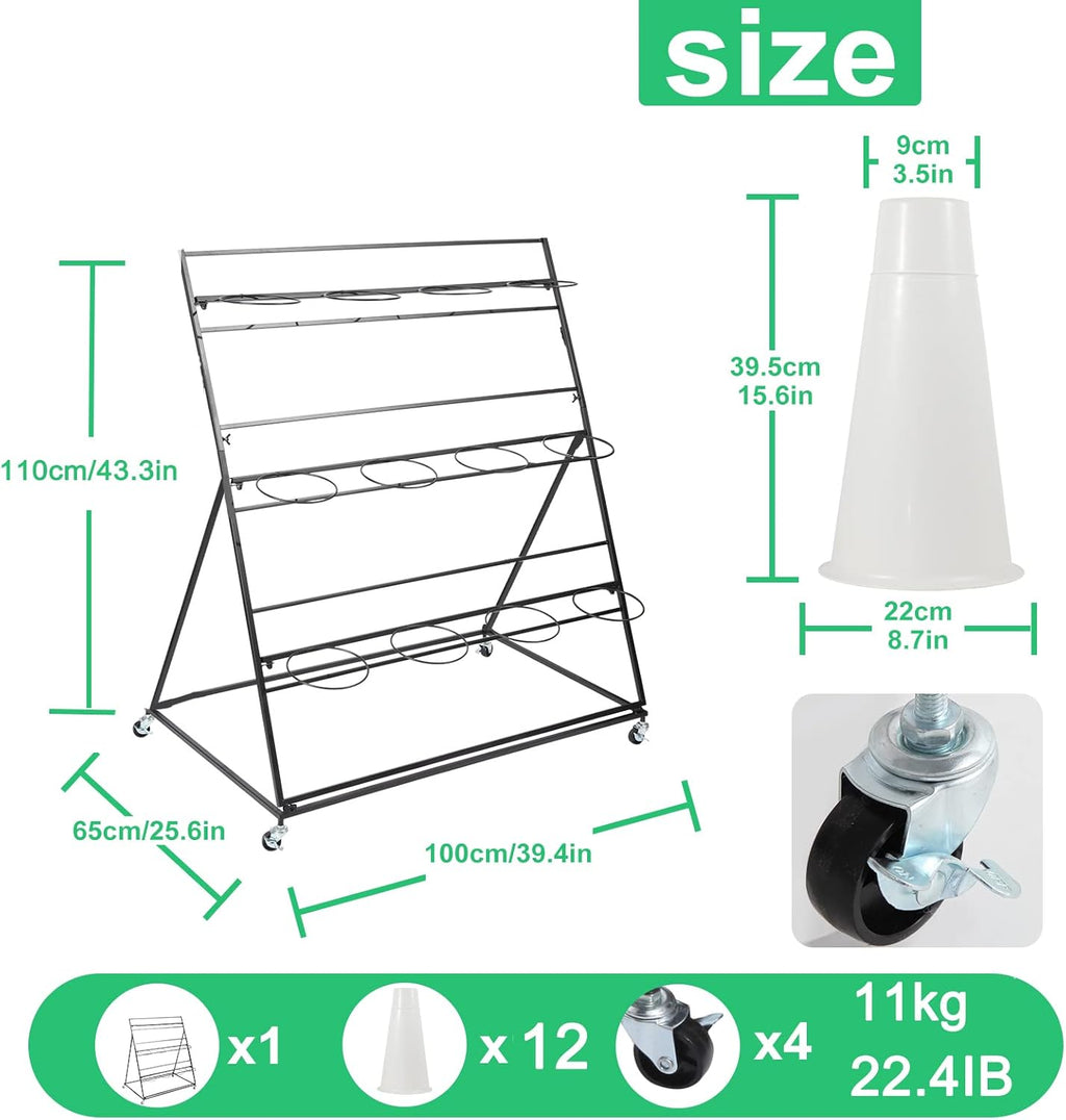 Flower Display Stand with Buckets, 3 layers Metal Plant Stand with Wheels, Moving Florist Bouquet Shelf for Fresh Shop, for Patio Garden, Outdoor Flower Pop-Up Events (Black Frame - White Bucket)
